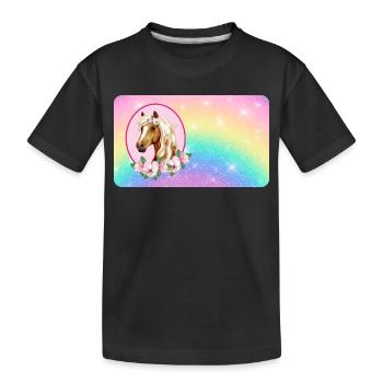 Horse with flowers and glitter rainbow - Kids' Premium Organic T-Shirt - black - Front