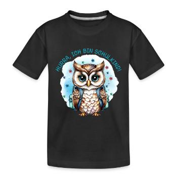 Owl - Flowers - petrol | Hooray, I'm a schoolchild - Kids' Premium Organic T-Shirt - black - Front