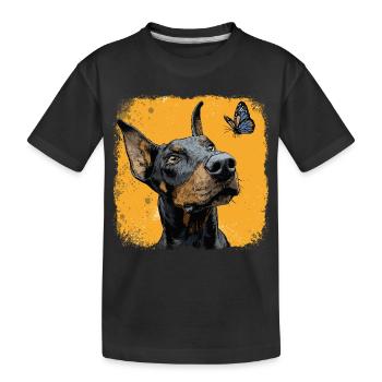 Funny Doberman and Butterfly on Orange - Kids' Premium Organic T-Shirt - black - Front