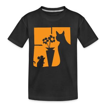 Halloween Katze Maus Blumen orange Fenster  - Kinder Premium Bio T-Shirt - Schwarz - Vorne