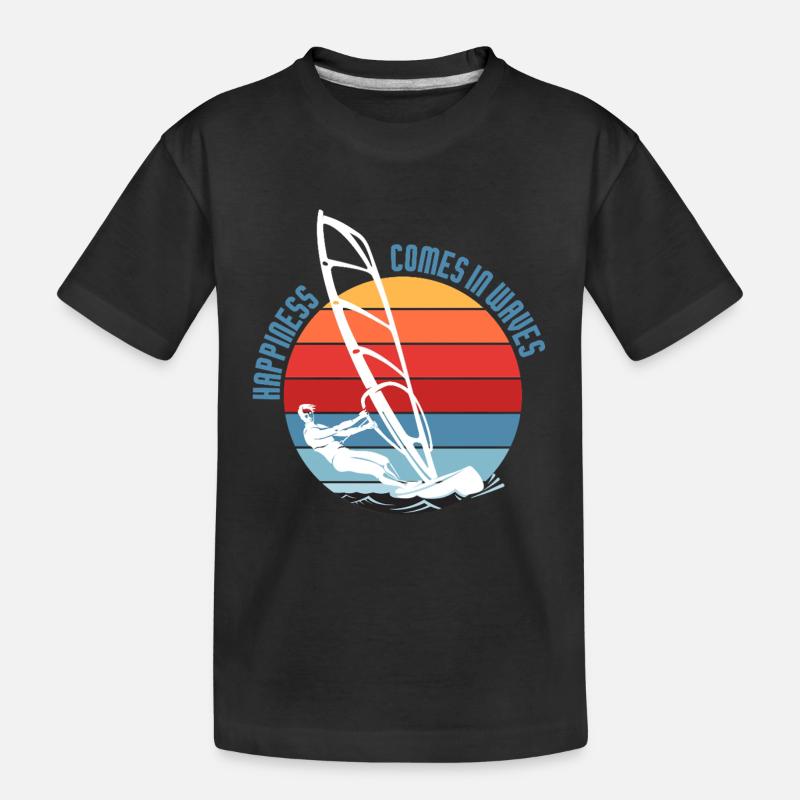 Le bonheur vient dans la conception des vagues de planche à voile - T-shirt bio Premium Enfant - noir