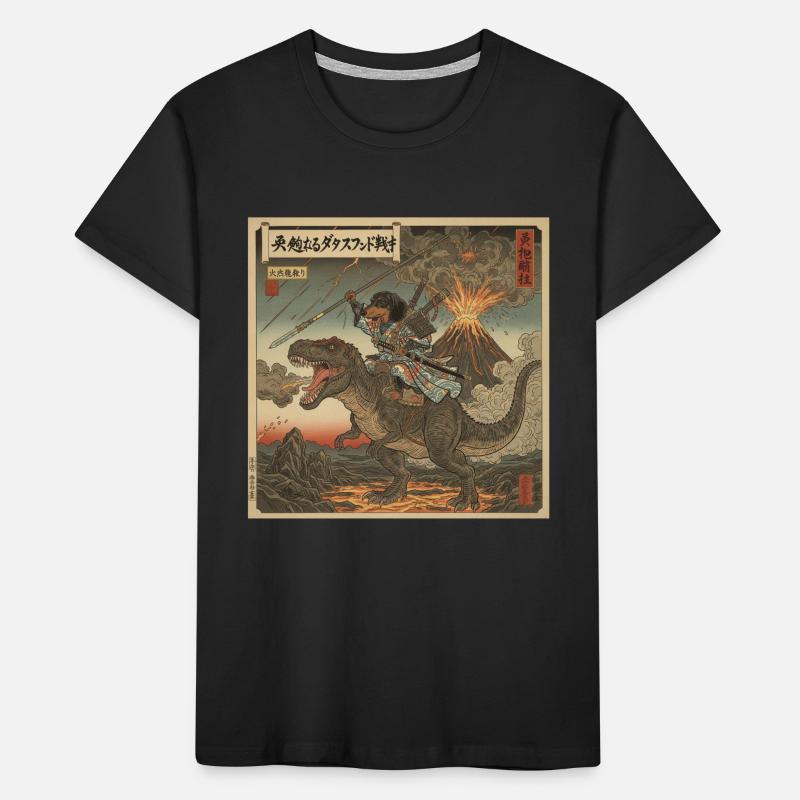 Dackel Samurai-Krieger reitet auf T-Rex Dinosaurier Kinder Premium Bio T-Shirt