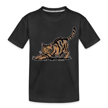 Braune getigerte Katze dehnt sich dynamisches Porträt - Kinder Premium Bio T-Shirt - Schwarz - Vorne