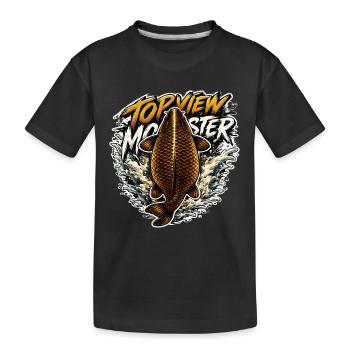 Draufsicht Karpfen-Spritzfischen-Design - Kinder Premium Bio T-Shirt - Schwarz - Vorne