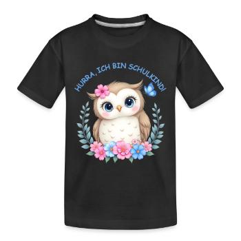 Schulstart Eulenmotiv mit Blumen - Kinder Premium Bio T-Shirt - Schwarz - Vorne