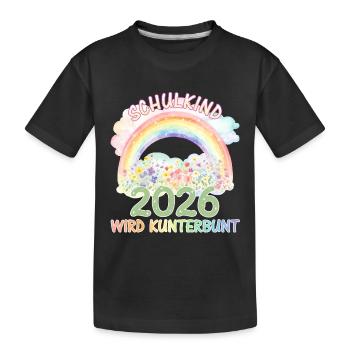 Schulkind 2026 - Regenbogen & Blumen - Kunterbunt - Kinder Premium Bio T-Shirt - Schwarz - Vorne