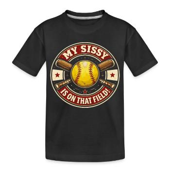 Softball Meine kleine Schwester steht auf dem Spielfeld | Abzeichen - Kinder Premium Bio T-Shirt - Schwarz - Vorne