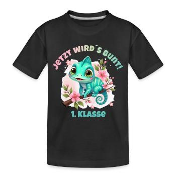 Chamäleon Aquarell - Jetzt wirds bunt - 1. Klasse - Kinder Premium Bio T-Shirt - Schwarz - Vorne