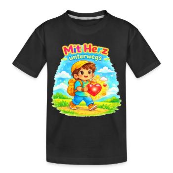  Mit Herz unterwegs - macht die Welt besser - Kinder Premium Bio T-Shirt - Schwarz - Vorne
