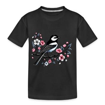 Chicadée sur le dessin d’une branche fleurie - T-shirt bio Premium Enfant - noir - Devant