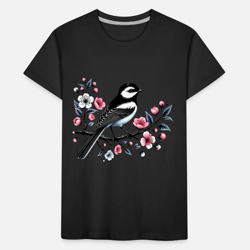 Chicadée sur le dessin d’une branche fleurie T-shirt bio Premium Enfant