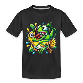 Funny Frog Clinging to Bird Cartoon - Kids' Premium Organic T-Shirt - black - Front