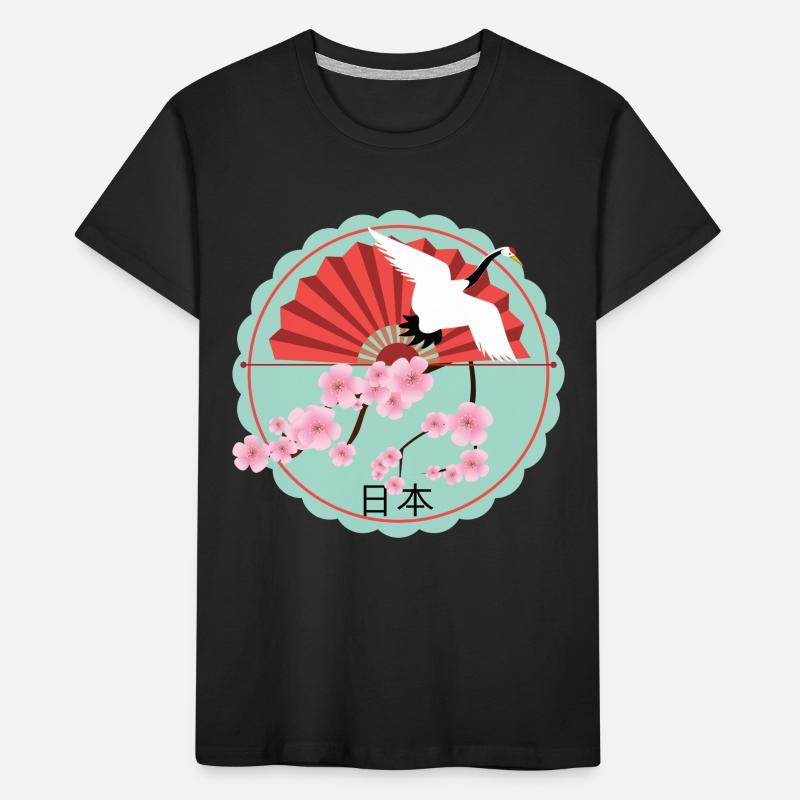 Japan Fächer auf Kirschblüten mit Kranich Rund Kinder Premium Bio T-Shirt