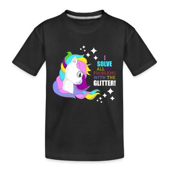 Einhorn Glitzer „Ich löse Probleme mit Glitzer“ - Kinder Premium Bio T-Shirt - Schwarz - Vorne