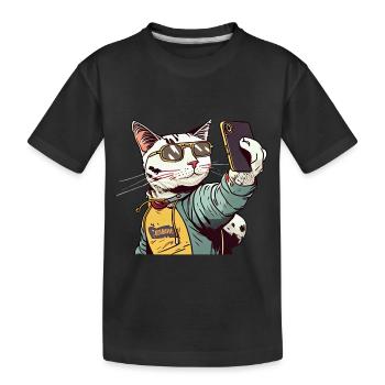 Comic Katze Selfie - Kinder Premium Bio T-Shirt - Schwarz - Vorne
