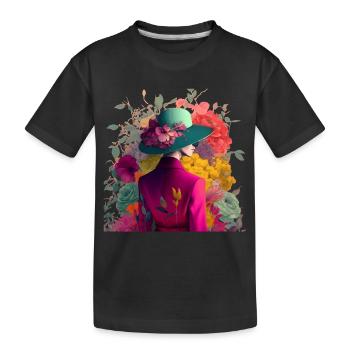 Model mit Hut und Blumen Geschenk - Kinder Premium Bio T-Shirt - Schwarz - Vorne
