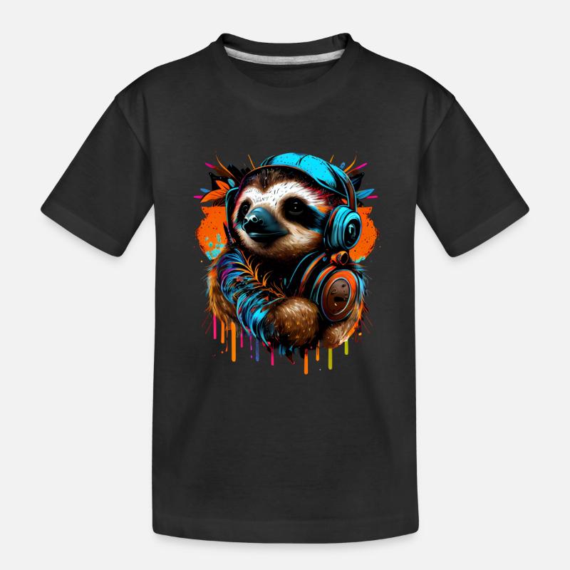 Faultier mit Kopfhörern - Kinder Premium Bio T-Shirt - Schwarz