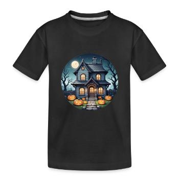 Halloween Haunted House at Full Moon and Pumpkins - Kids' Premium Organic T-Shirt - black - Front