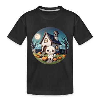Halloween Haunted House Cat at Full Moon and Pumpkins - Kids' Premium Organic T-Shirt - black - Front