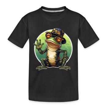 happy cooler Frosch mit Brille und Hut beim winken - Kinder Premium Bio T-Shirt - Schwarz - Vorne