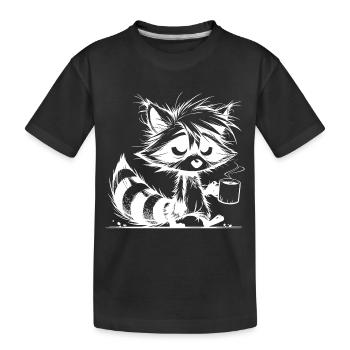 Verschlafener müder Waschbär mit Kaffeetasse - Kinder Premium Bio T-Shirt - Schwarz - Vorne