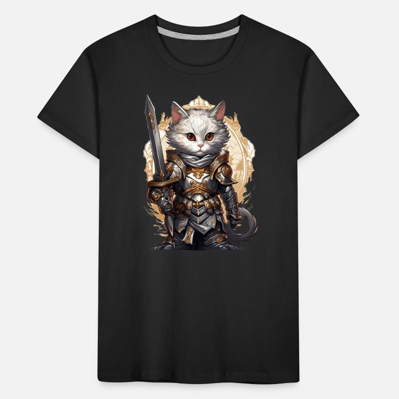 Chat en équipement de chevalier avec épée longue, AI Gen T-shirt bio Premium Enfant
