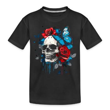 Totenkopf Totenschädel Schmetterling Rose Blume - Kinder Premium Bio T-Shirt - Schwarz - Vorne