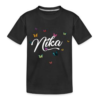 NIKA - Girl Name with Colorful Butterflies - Kids' Premium Organic T-Shirt - black - Front