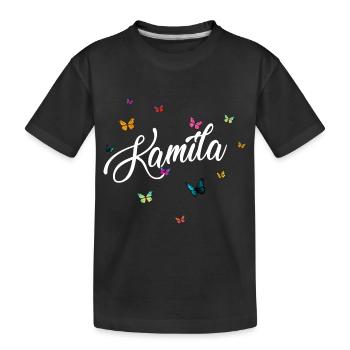 KAMILA - Girl Name with Colorful Butterflies - Kids' Premium Organic T-Shirt - black - Front