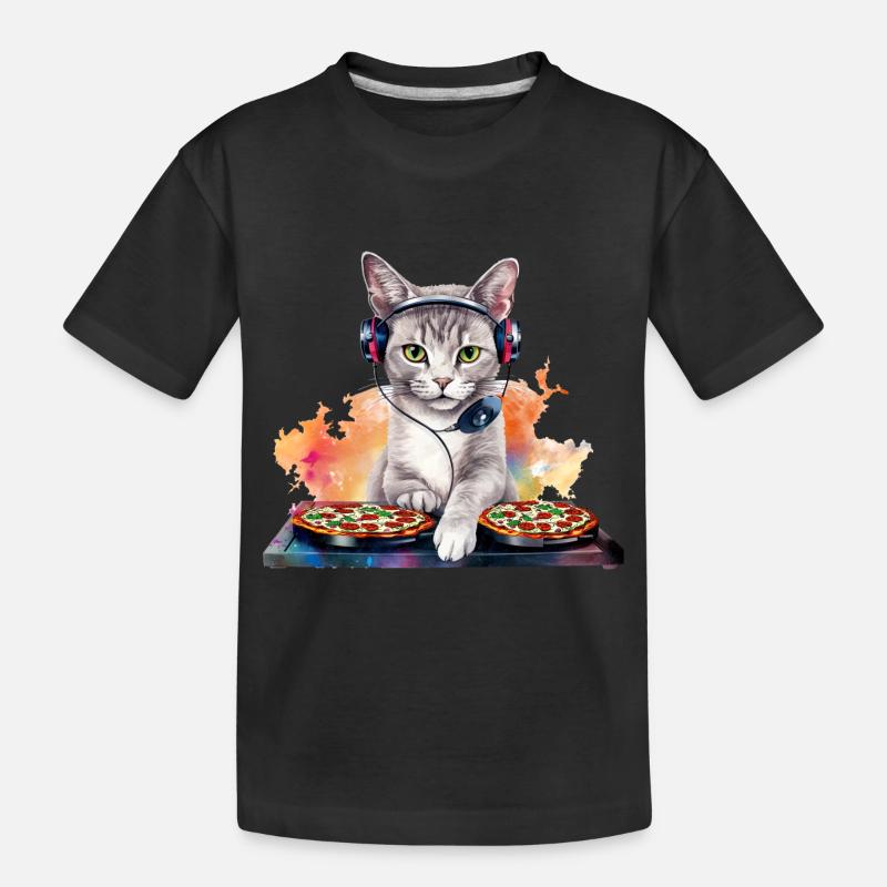 Weltraum Katze Pizza Discjockey - Interstellar - Kinder Premium Bio T-Shirt - Schwarz