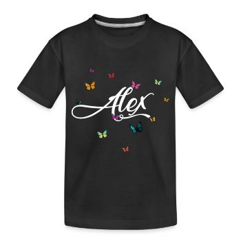 ALEX - Girl Name with Colorful Butterflies - Kids' Premium Organic T-Shirt - black - Front