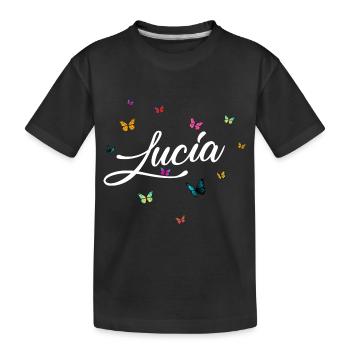 LUCIA - Girl Name with Colorful Butterflies - Kids' Premium Organic T-Shirt - black - Front