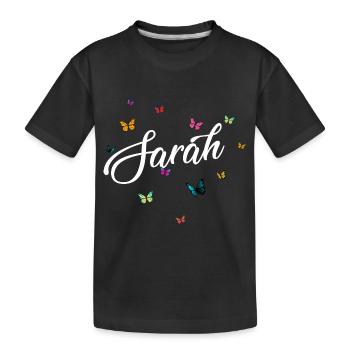 SARAH - Girl Name with Colorful Butterflies - Kids' Premium Organic T-Shirt - black - Front