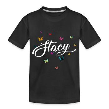 STACY - Girl Name with Colorful Butterflies - Kids' Premium Organic T-Shirt - black - Front