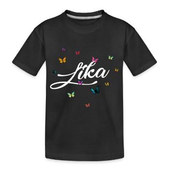 LIKA - Girl Name with Colorful Butterflies - Kids' Premium Organic T-Shirt - black - Front