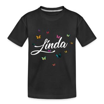 LINDA - Girl Name with Colorful Butterflies - Kids' Premium Organic T-Shirt - black - Front