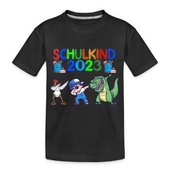 Schulkind 2023 Junge Dabbing mit Dino und Huhn - Kinder Premium Bio T-Shirt - Schwarz - Vorne