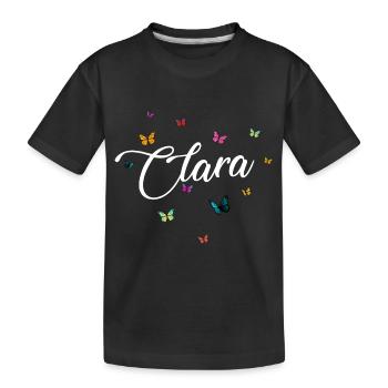 CLARA- Girl Name with Colorful Butterflies - Kids' Premium Organic T-Shirt - black - Front