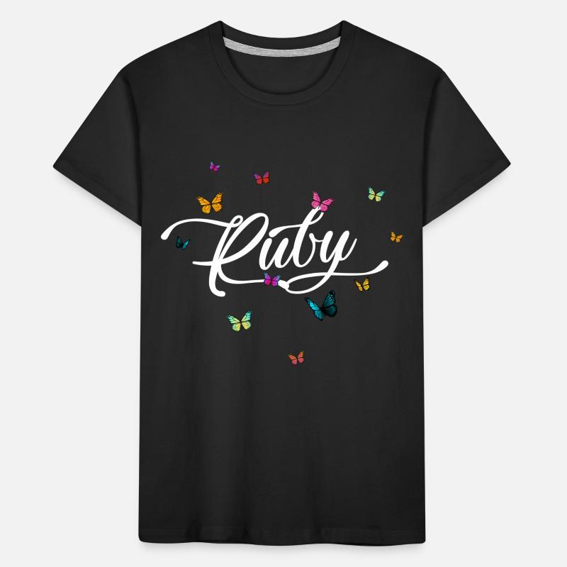 RUBY - Mädchen Name mit bunten Schmetterlingen Kinder Premium Bio T-Shirt
