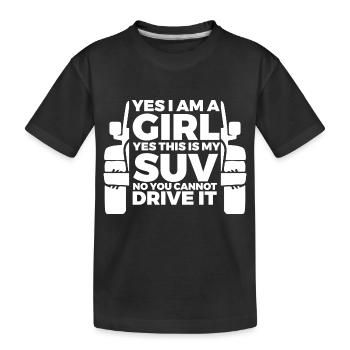 Woman with off-road vehicle - Kids' Premium Organic T-Shirt - black - Front