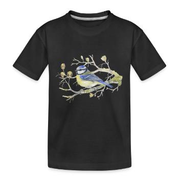 Blaumeise auf Zweig Liebevolle Aquarellzeichnung - Kinder Premium Bio T-Shirt - Schwarz - Vorne