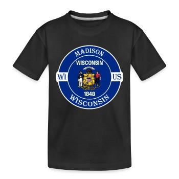 Madison Wisconsin Flagge USA Reise Souvenir Abzeichen - Kinder Premium Bio T-Shirt - Schwarz - Vorne