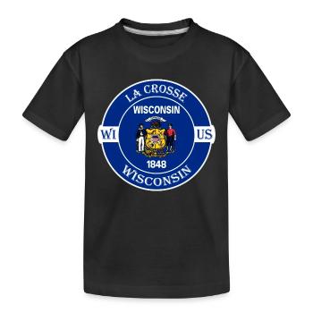 La Crosse Wisconsin Flagge USA Reise Souvenir Abzeichen - Kinder Premium Bio T-Shirt - Schwarz - Vorne