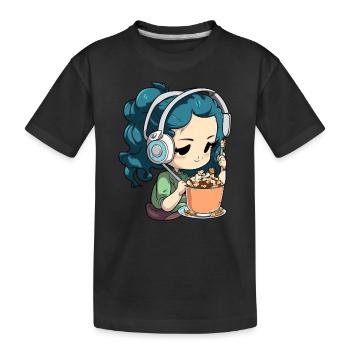 Une fille avec des écouteurs écoute de la musique et mange des céréales - T-shirt bio Premium Enfant - noir - Devant