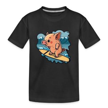 Süßes Schwein im Meer auf Surfboard surft surfen - Kinder Premium Bio T-Shirt - Schwarz - Vorne