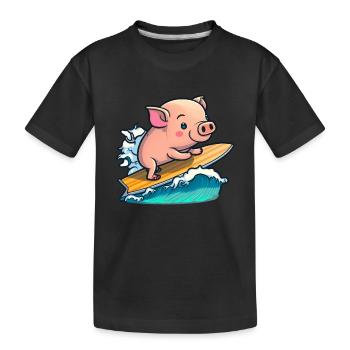 Süßes Schwein im Meer auf Surfboard surft surfen - Kinder Premium Bio T-Shirt - Schwarz - Vorne