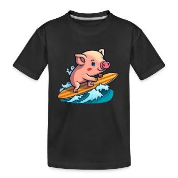 Süßes Schwein im Meer auf Surfboard surft surfen - Kinder Premium Bio T-Shirt - Schwarz - Vorne