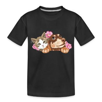 Süße Katze und träumender Dackel mit rosa Blumen - Kinder Premium Bio T-Shirt - Schwarz - Vorne
