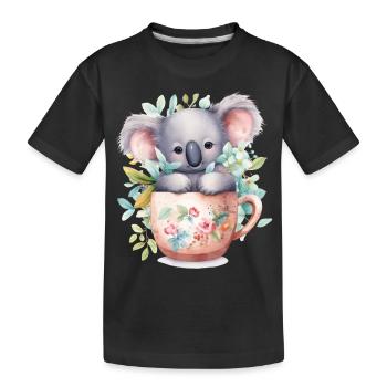 Cute koala with pretty flowers in mug - Kids' Premium Organic T-Shirt - black - Front