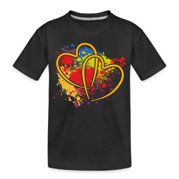 zwei verschlungene Herzen auf Farbklecksen - Kinder Premium Bio T-Shirt - Schwarz - Vorne